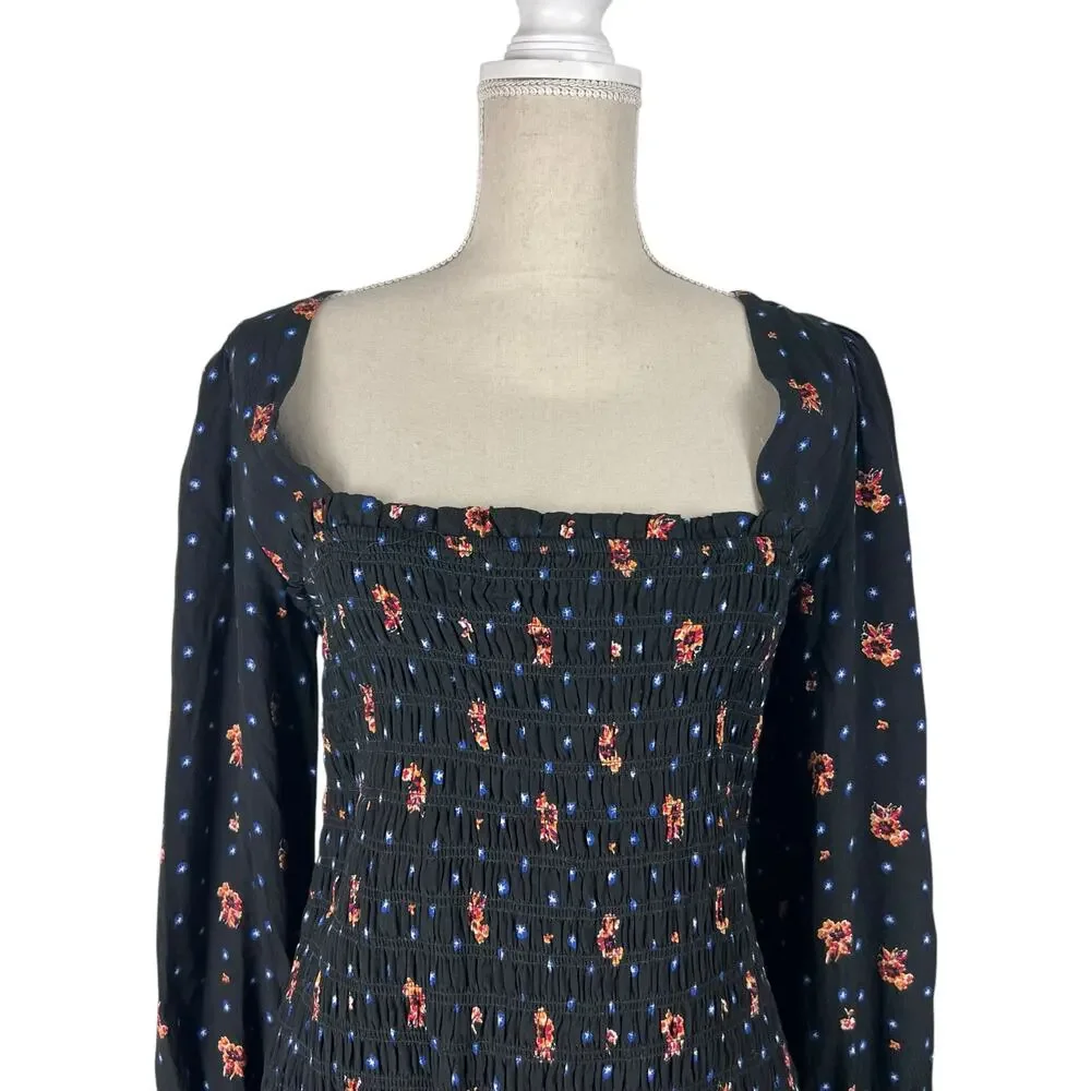 Free People Two Faces Mini Dress Black Floral Smocked‎ Long Sleeve Size S